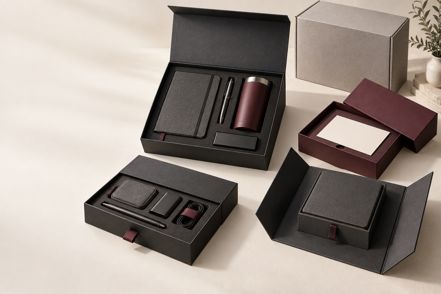 Corporate gift sets in presentation boxes with fitted inserts