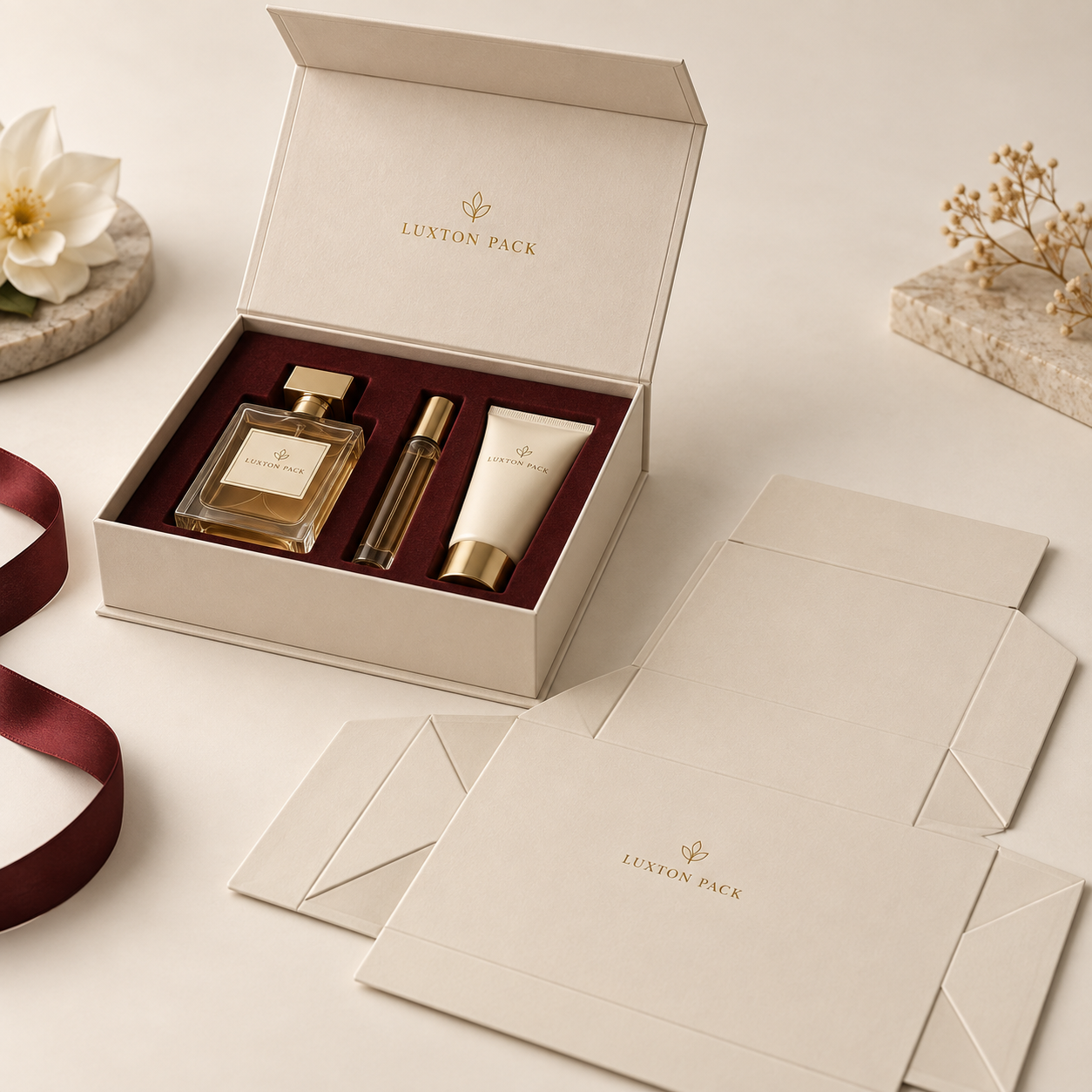 Custom Foldable Rigid Boxes packaging example by LUXTON PACK