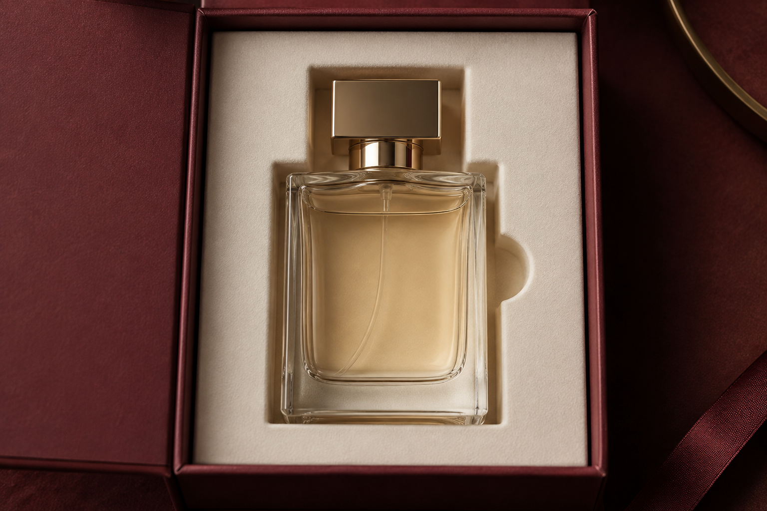 Glass perfume bottle held in a fitted insert