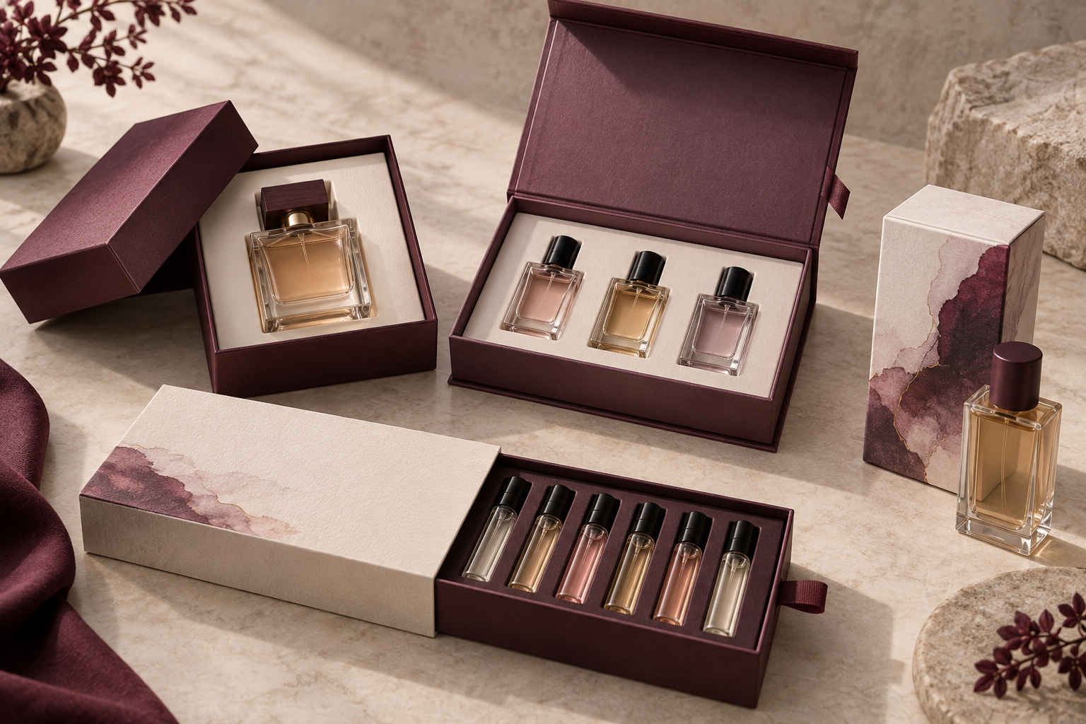 A collection of perfume packaging box structures with fragrance bottles